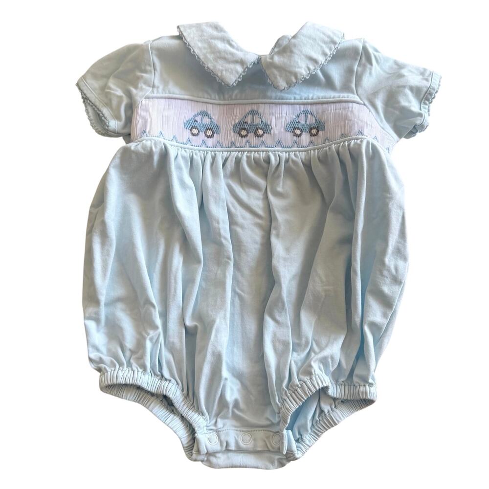Baby Sen (9M) Smocked Embroidered Car Bubble Light Blue Baby Boy Romper